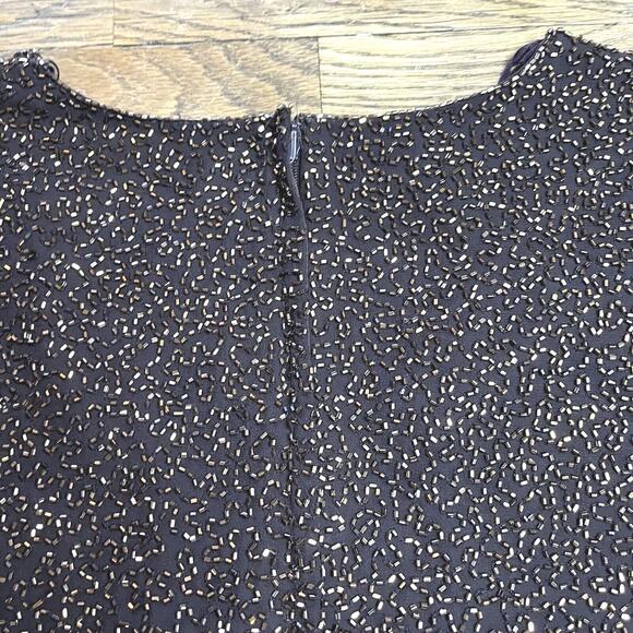 Jkara Beaded Black Gold Formal Blouse Evening Party Top Zip Back VNeck Womens 12 - Picture 10 of 16